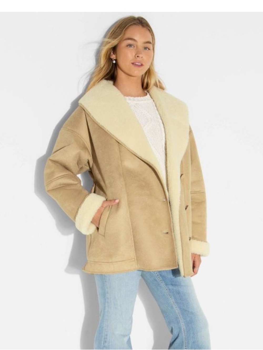 Serpa Lined Faux Shearling Belted Coat Cozy Teddy WInter Jacket Beige Size M NWT